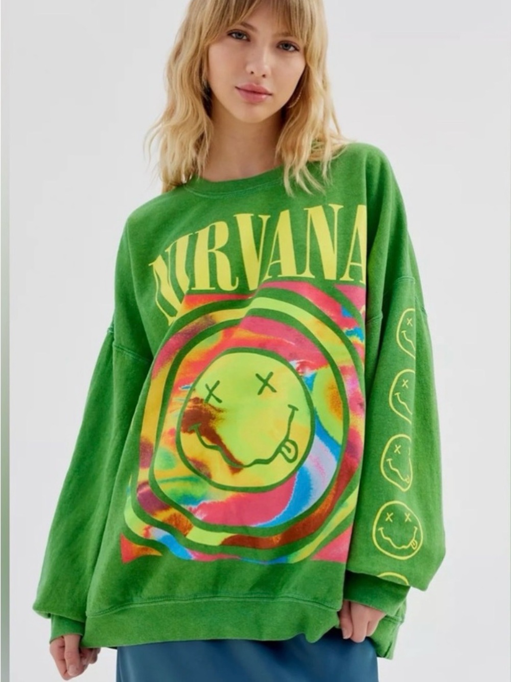 Urban Outfitters Green Nirvana Graphic Sweatshirt with Yellow & Multicolor Print